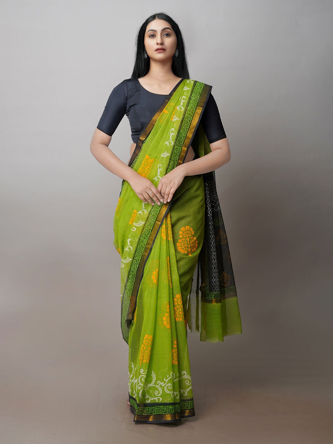 

Unnati Silks Floral Block Printed Zari Pure Cotton Kota Saree, Green