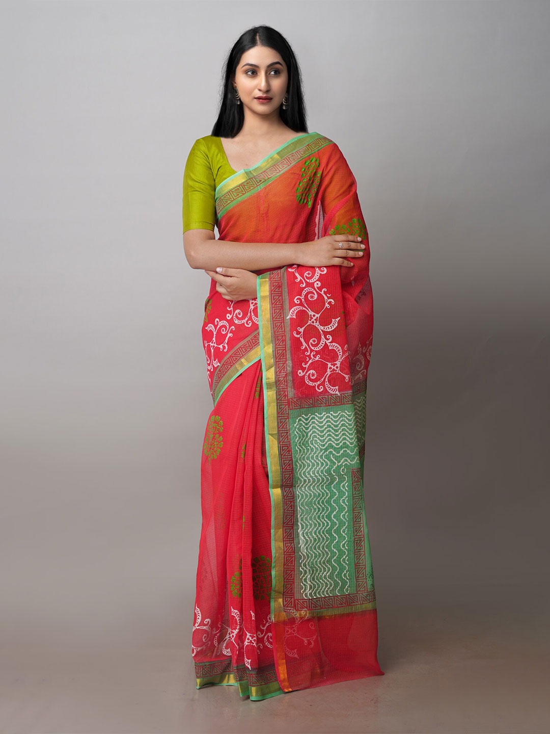 

Unnati Silks Ethnic Printed Zari Pure Cotton Kota Saree, Red