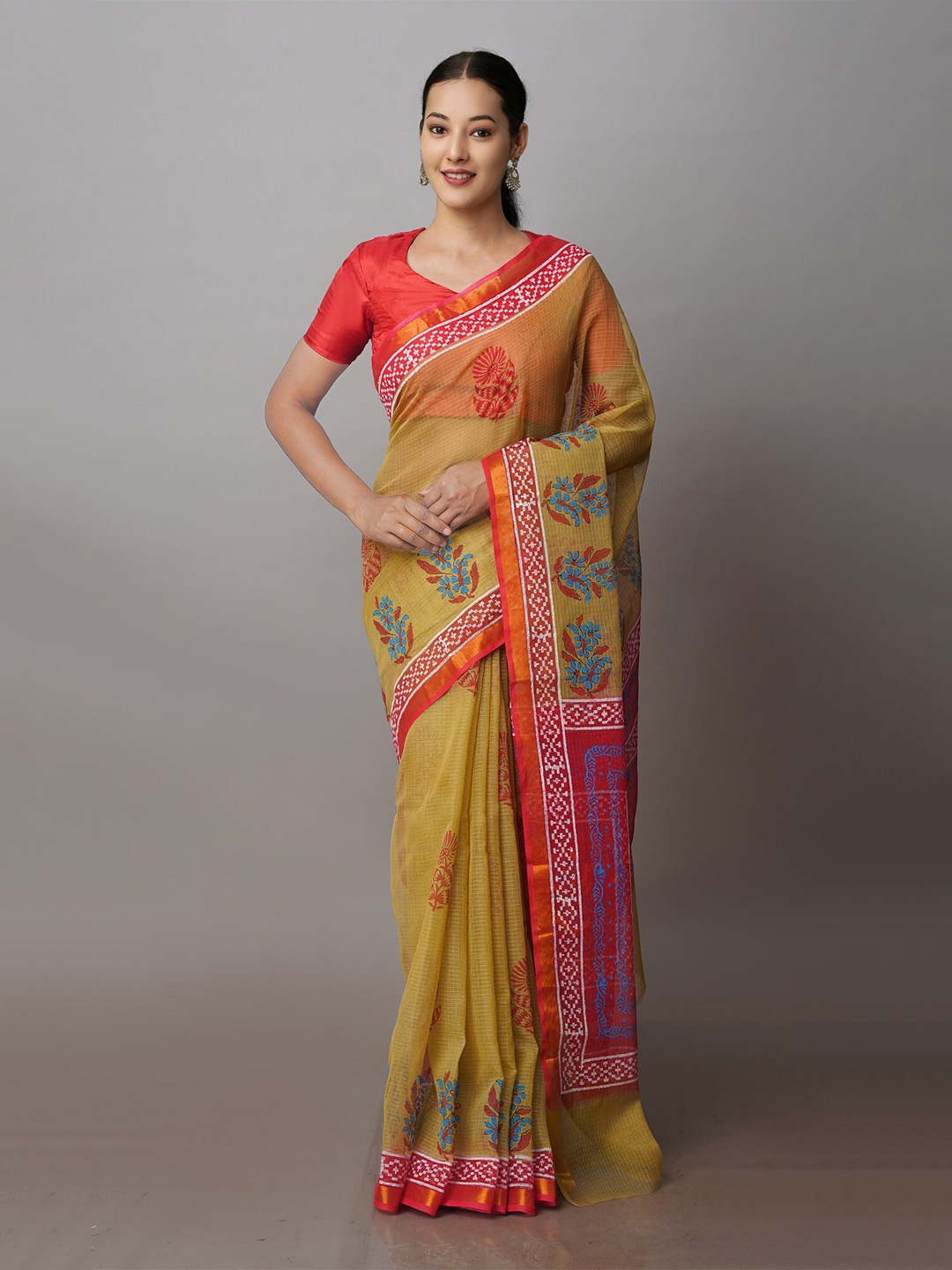 

Unnati Silks Floral Block Printed Zari Pure Cotton Kota Saree, Green