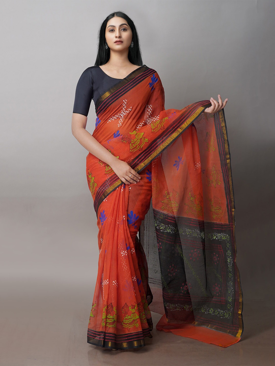 

Unnati Silks Floral Block Printed Zari Pure Cotton Kota Saree, Orange