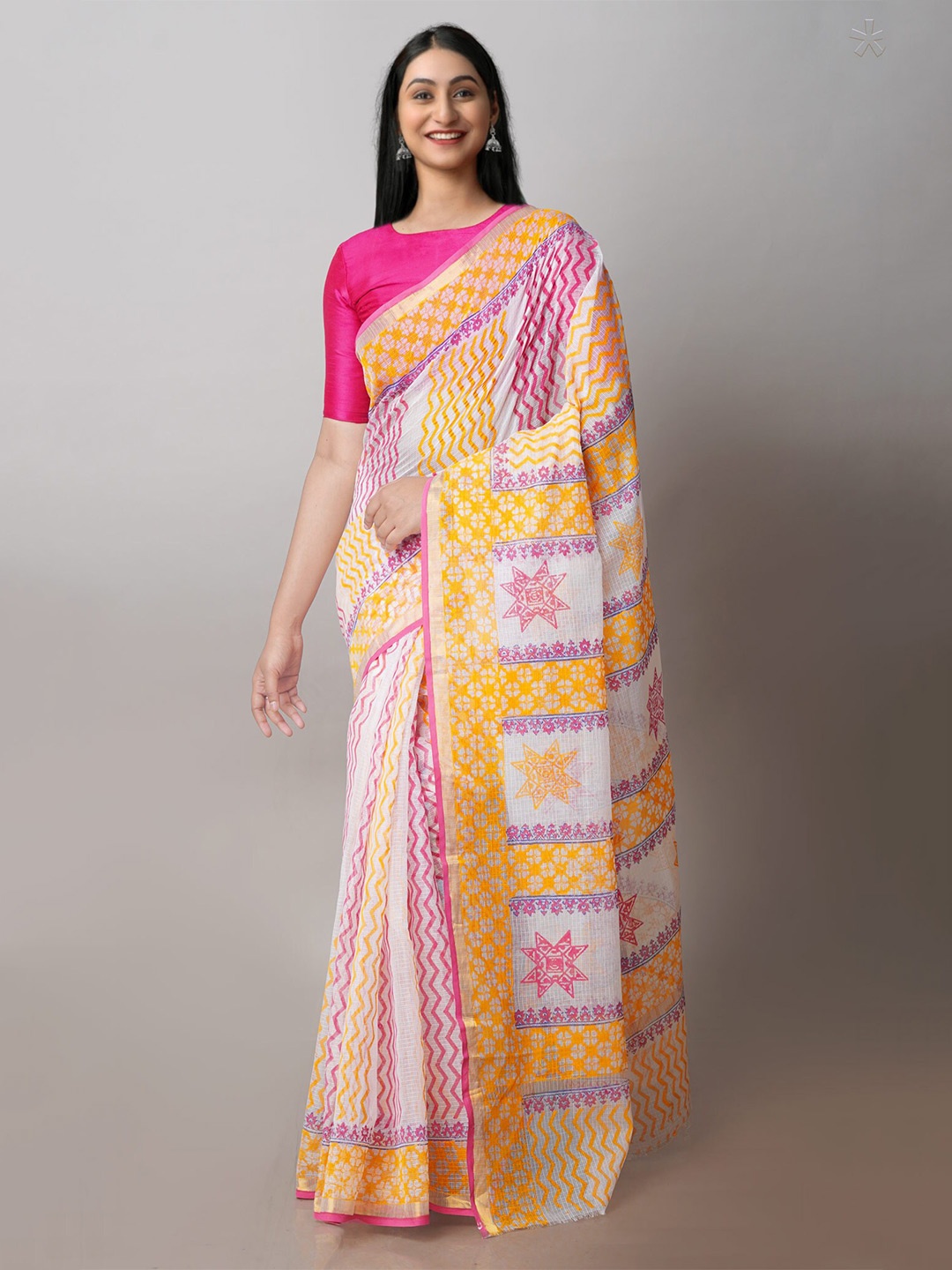 

Unnati Silks Ethnic Motifs Zari Pure Cotton Kota Handloom Saree, White