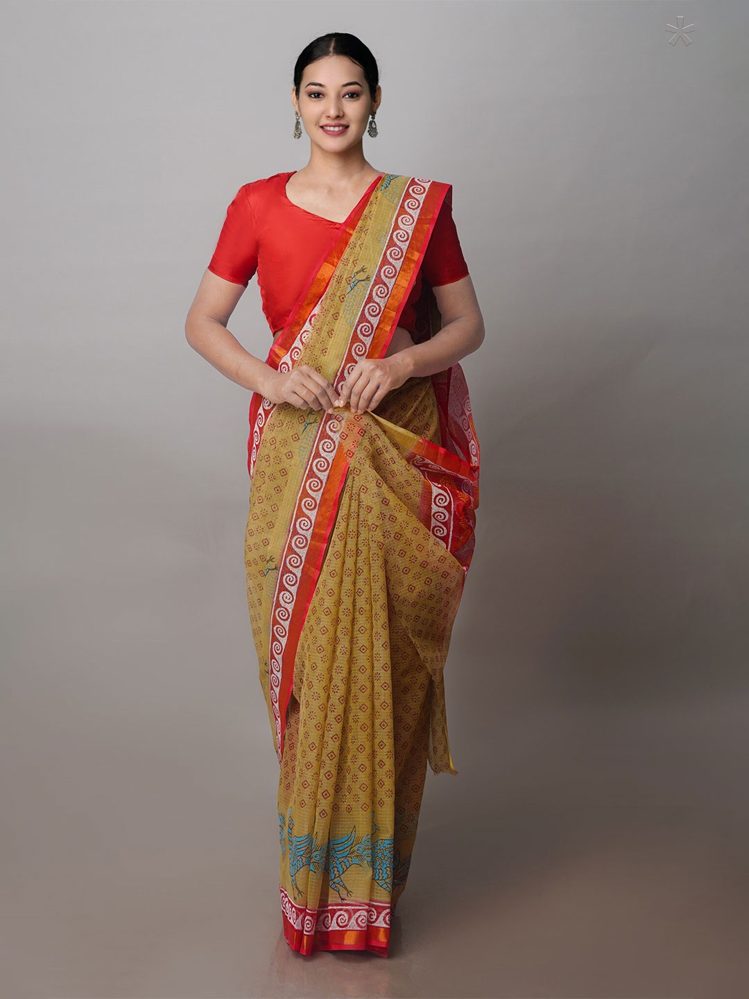 

Unnati Silks Geometric Printed Zari Pure Cotton Kota Handloom Saree, Green