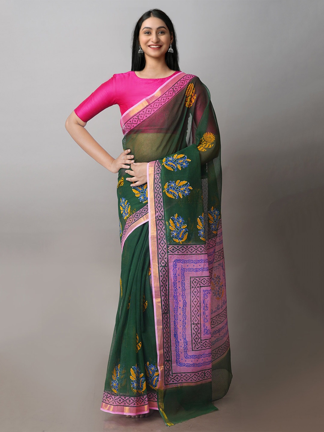 

Unnati Silks Floral Printed Zari Pure Cotton Handloom Kota Saree, Green