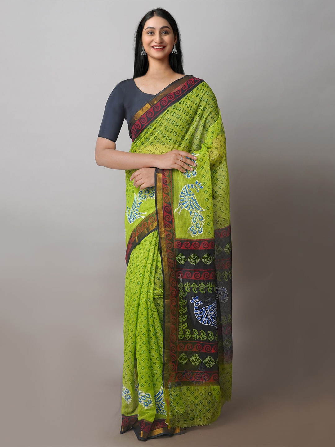 

Unnati Silks Geometric Block Printed Zari Pure Cotton Kota Handloom Saree, Green