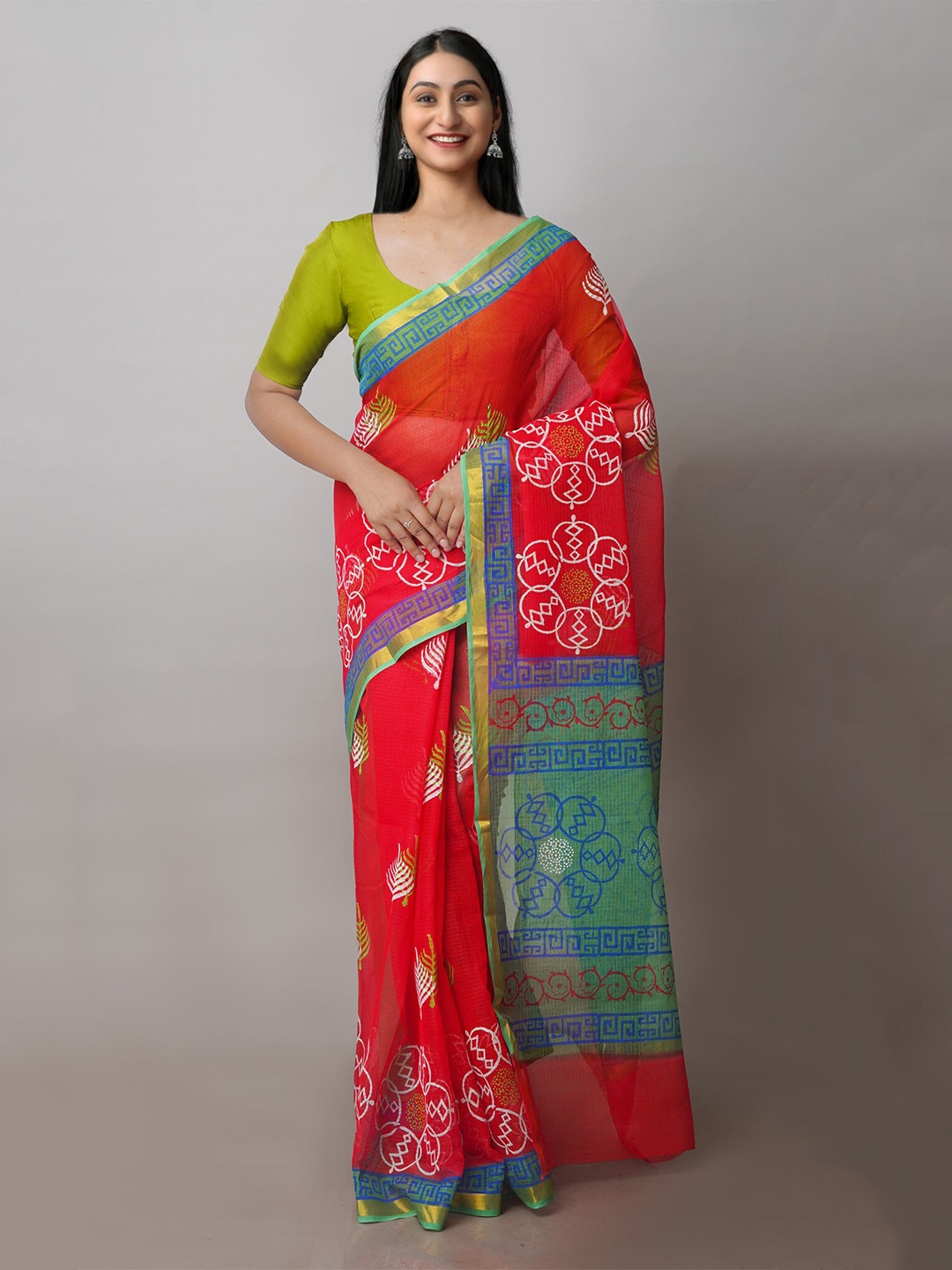 

Unnati Silks Ethnic Printed Zari Pure Cotton Kota Handloom Saree, Red