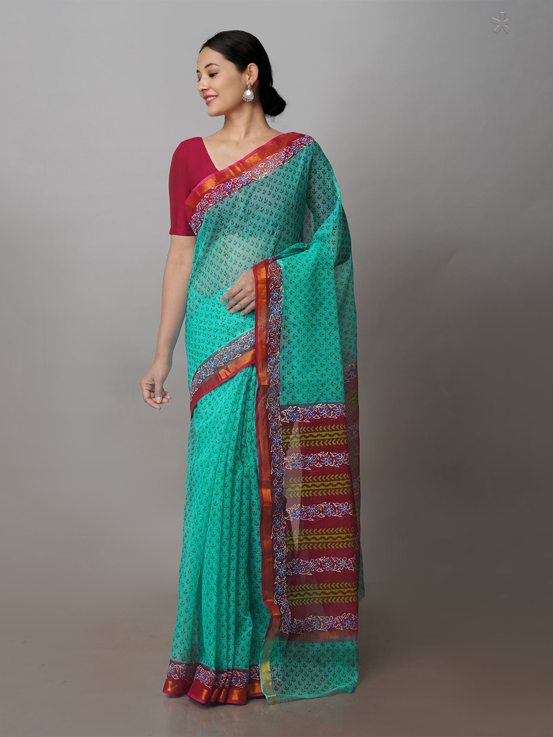 

Unnati Silks Floral Printed Zari Pure Cotton Handloom Kota Saree, Green
