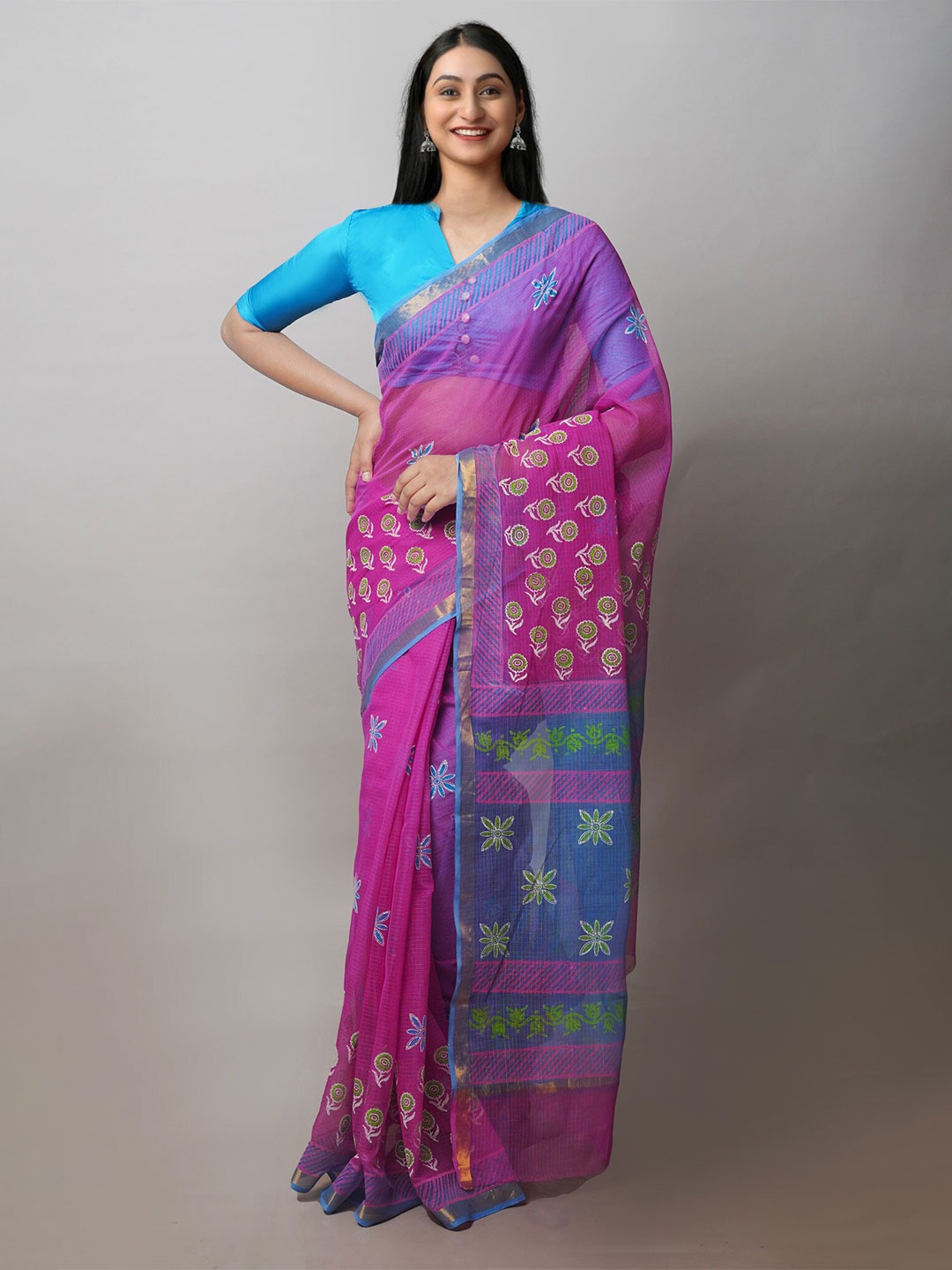 

Unnati Silks Floral Printed Zari Pure Cotton Kota Saree, Pink