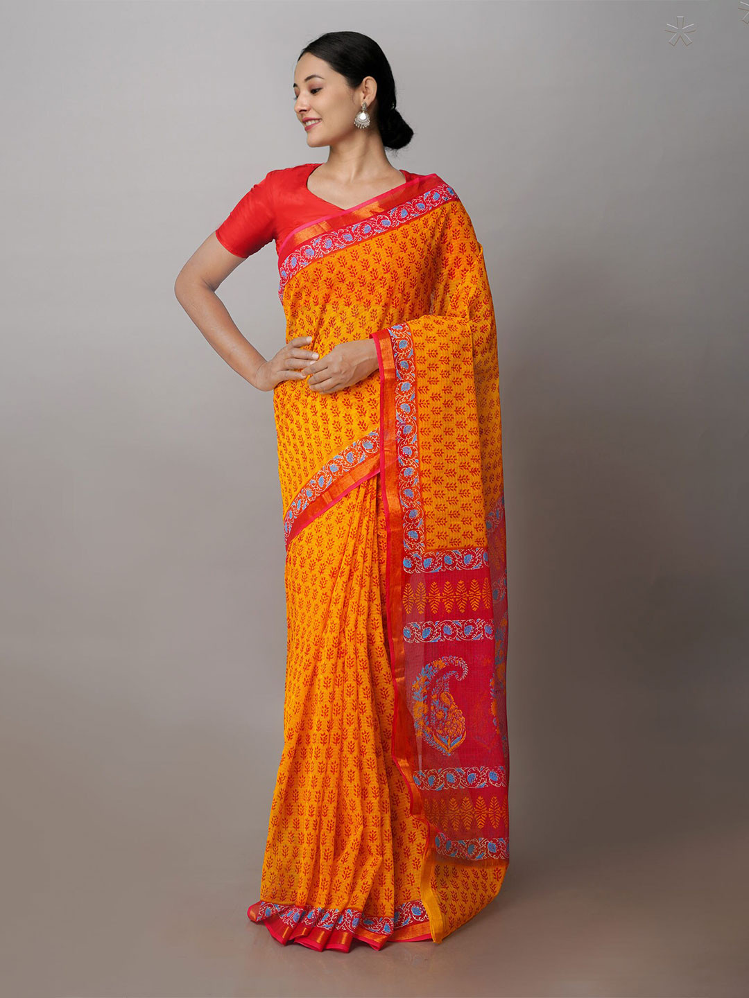

Unnati Silks Floral Printed Zari Pure Cotton Kota Saree, Yellow