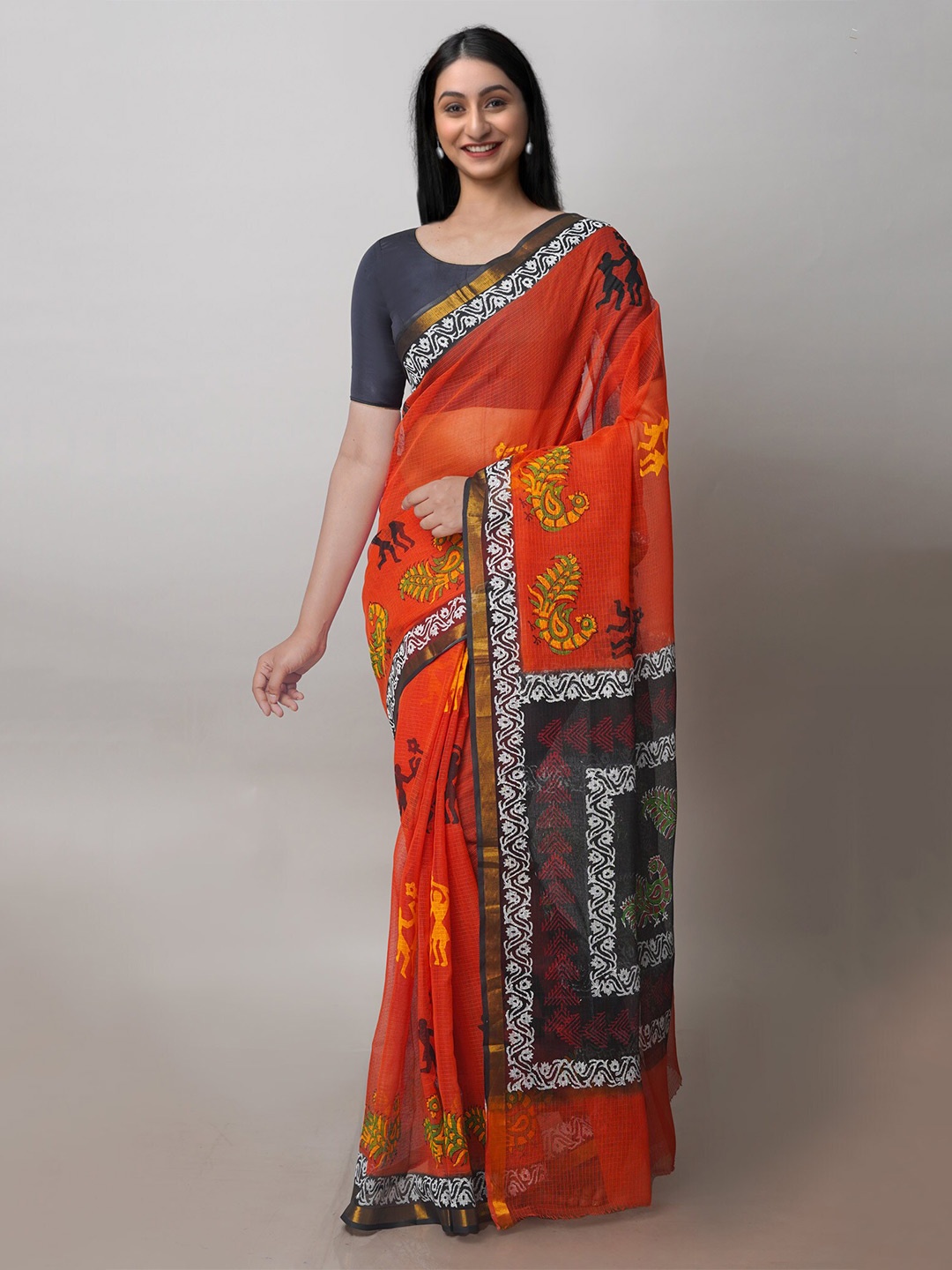 

Unnati Silks Ethnic Printed Zari Pure Cotton Kota Handloom Saree, Orange
