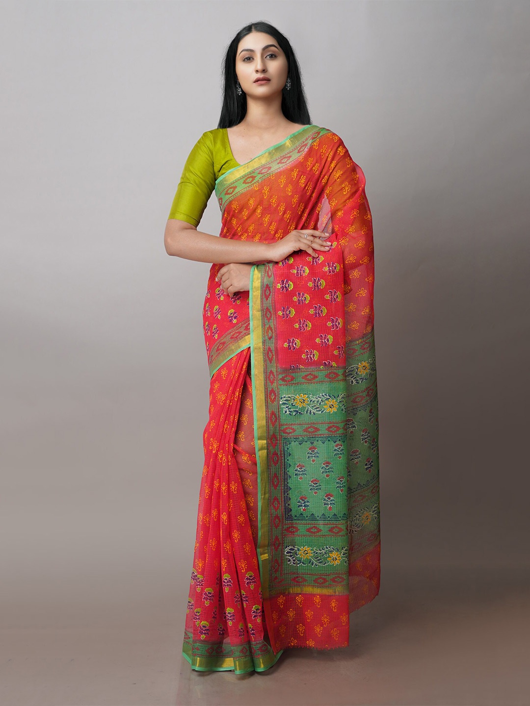

Unnati Silks Floral Printed Zari Pure Cotton Kota Handloom Saree, Red