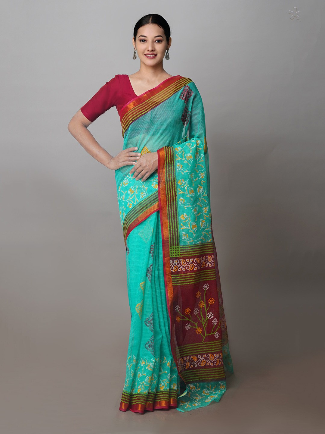 

Unnati Silks Ethnic Printed Zari Pure Cotton Kota Handloom Saree, Green