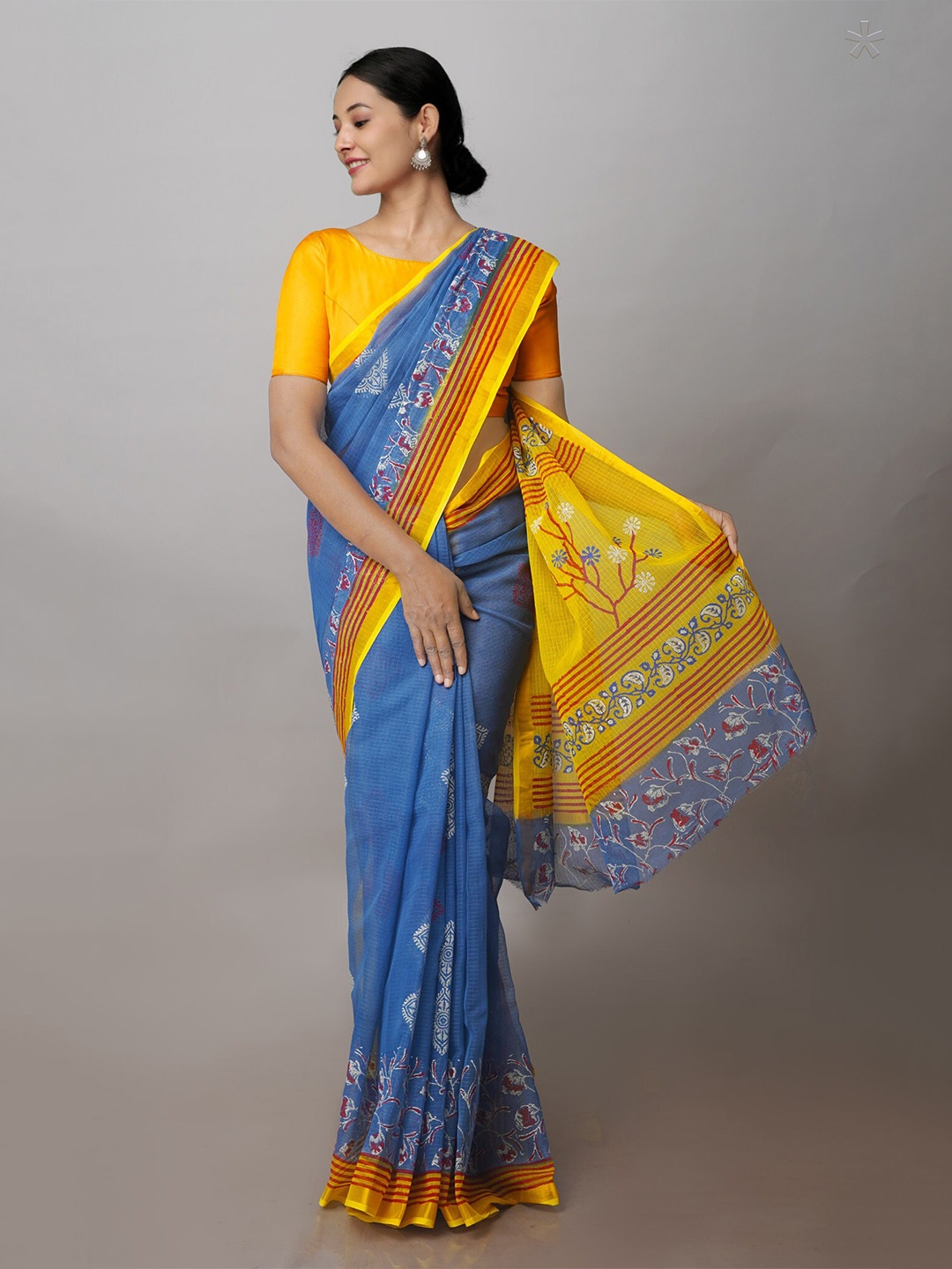 

Unnati Silks Ethnic Motifs Printed Pure Cotton Handloom Kota Saree, Blue