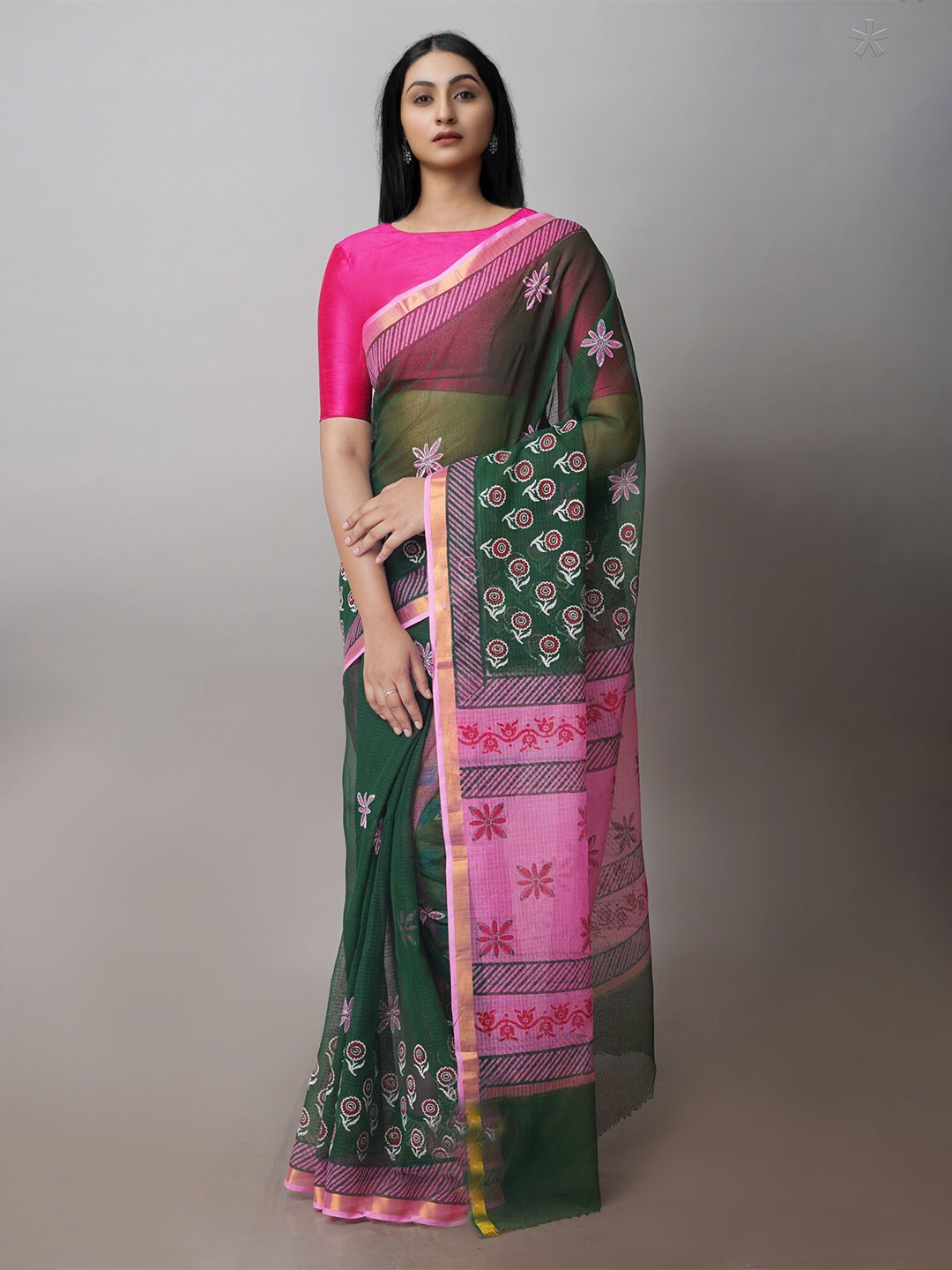 

Unnati Silks Ethnic Motifs Block Printed Zari Pure Cotton Handloom Kota Saree, Green