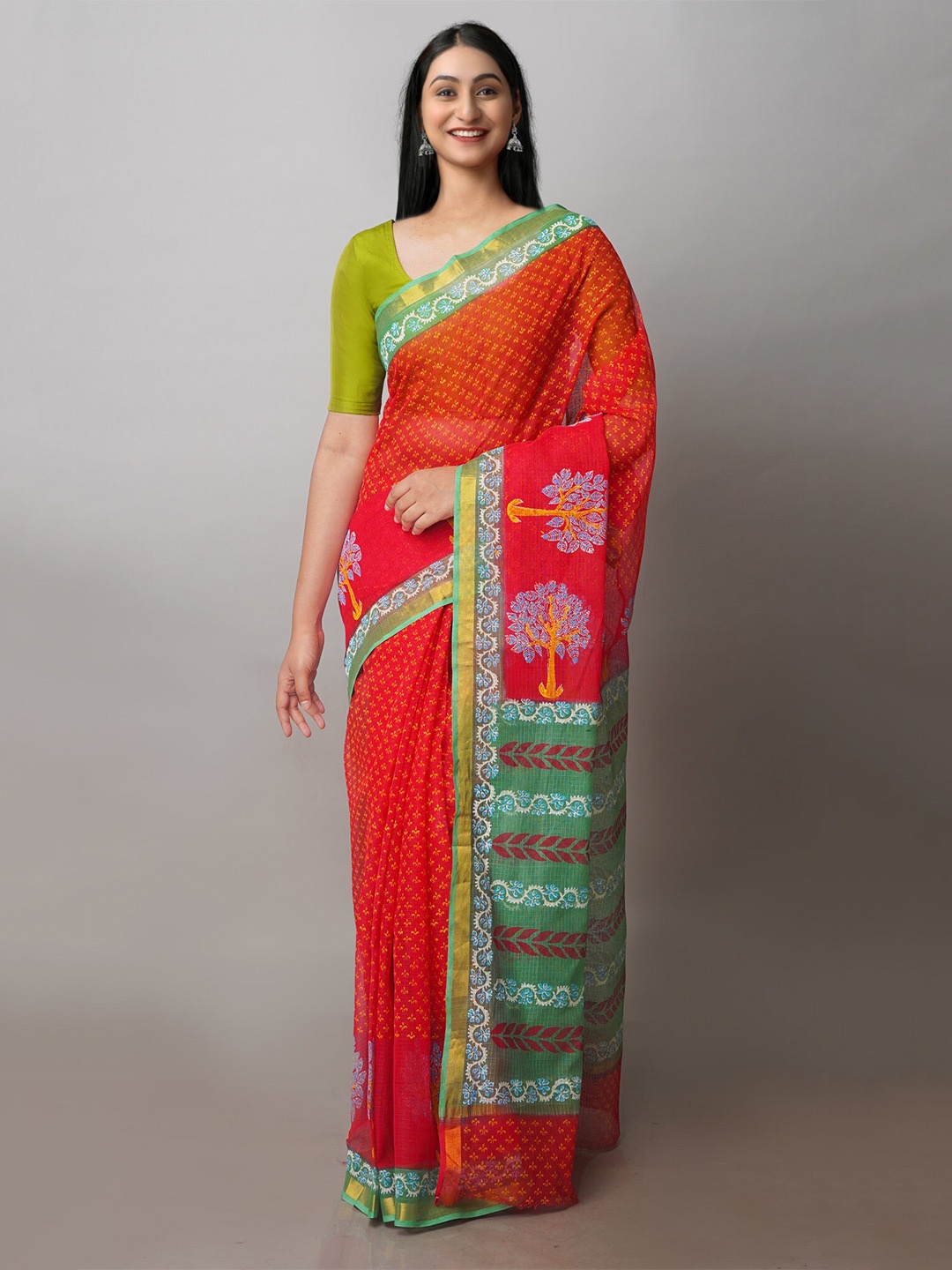 

Unnati Silks Ethnic Motifs Printed Zari Pure Cotton Handloom Kota Saree, Red