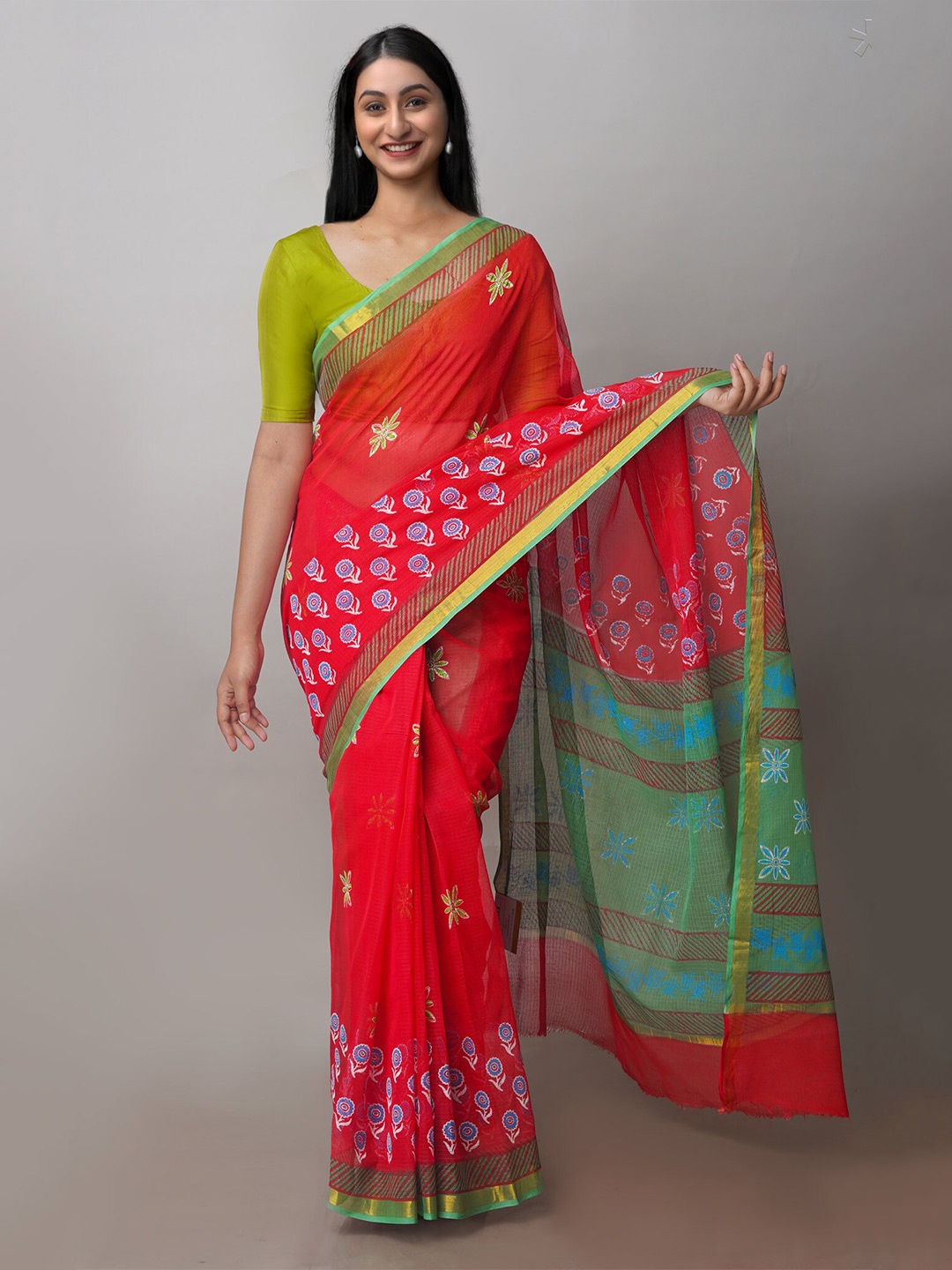 

Unnati Silks Ethnic Motifs Printed Zari Pure Cotton Handloom Kota Saree, Red