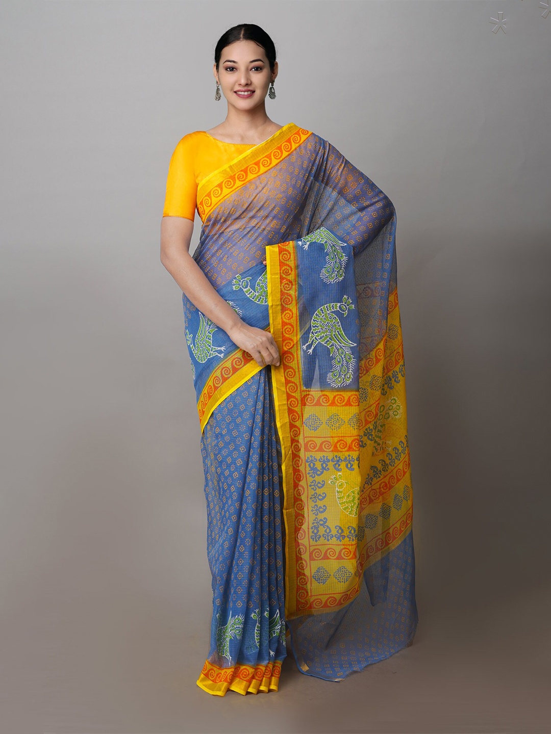 

Unnati Silks Ethnic Motifs Printed Pure Cotton Handloom Kota Saree, Blue