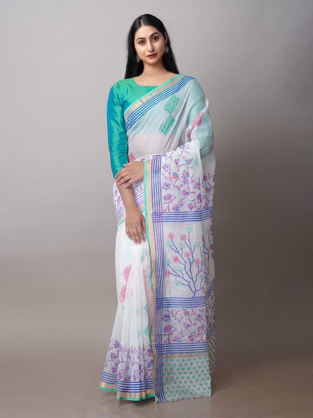 

Unnati Silks Floral Block Printed Zari Pure Cotton Kota Saree, White