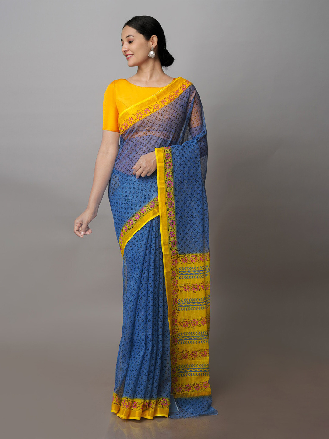 

Unnati Silks Floral Block Printed Zari Pure Cotton Kota Saree, Blue