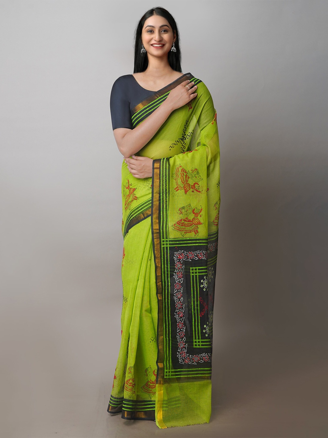 

Unnati Silks Floral Block Printed Zari Pure Cotton Kota Saree, Green