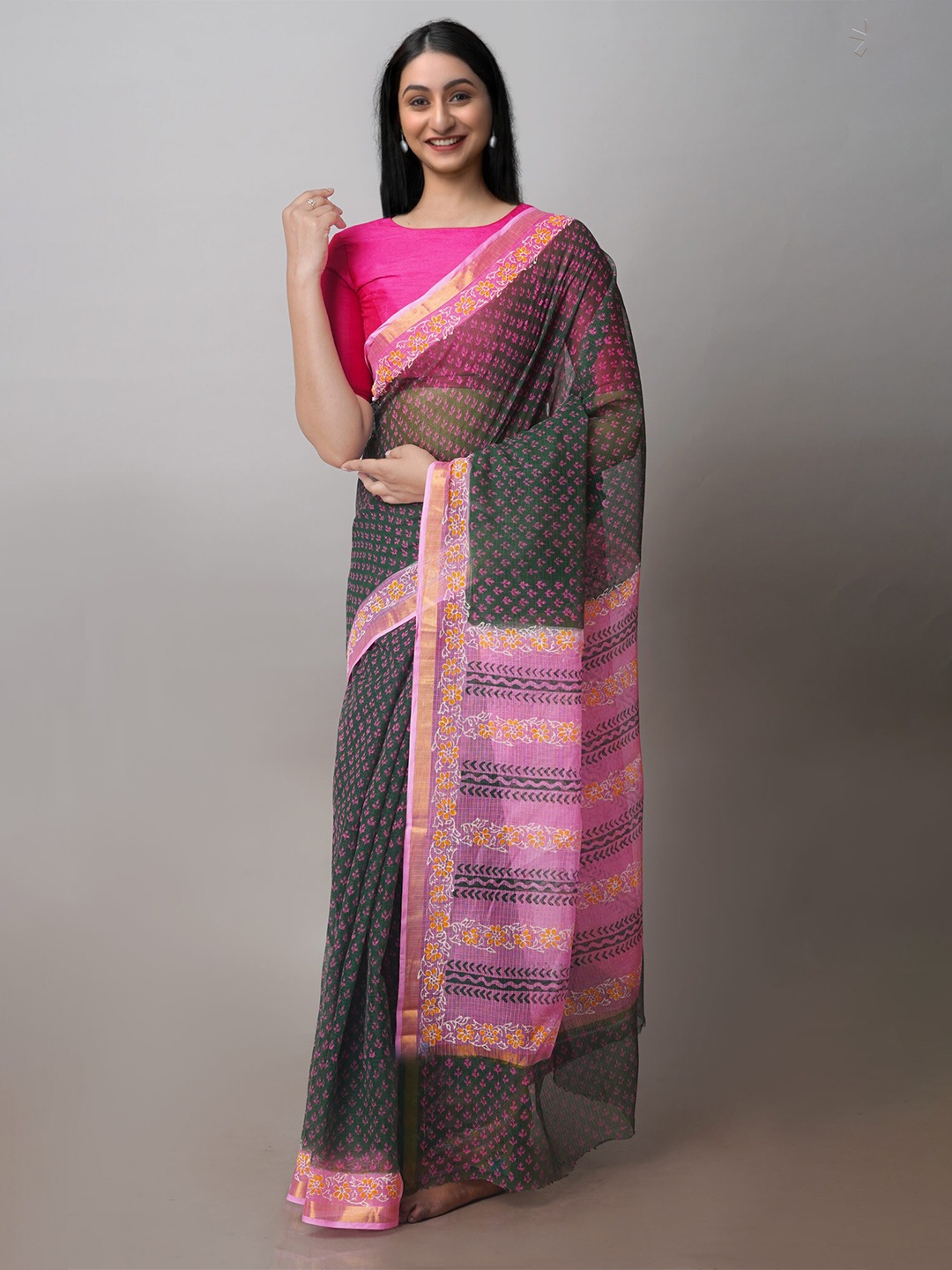 

Unnati Silks Floral Block Printed Zari Pure Cotton Kota Handloom Saree, Green