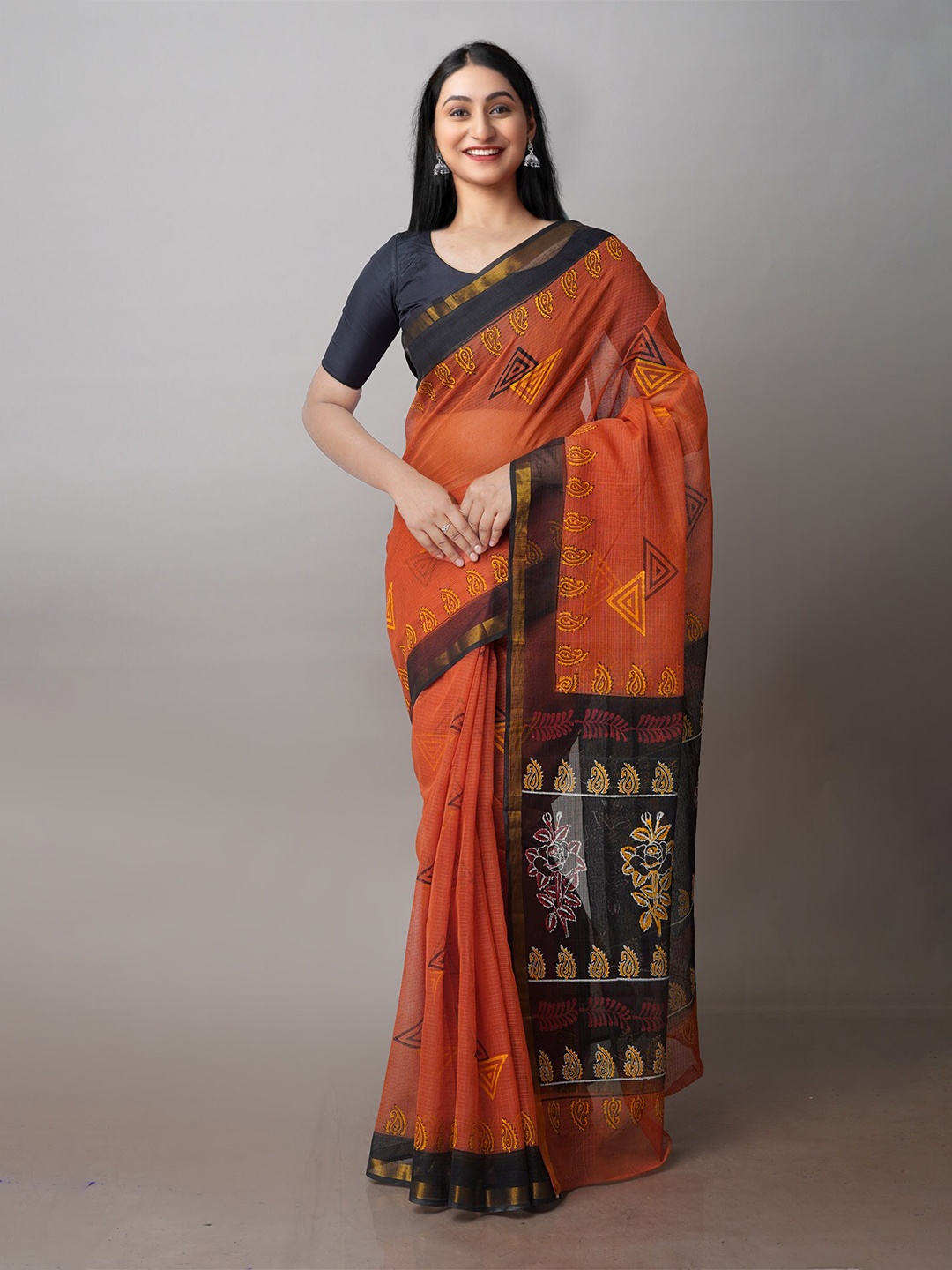 

Unnati Silks Ethnic Mofits Block Printed Zari Pure Cotton Kota Handloom Saree, Orange