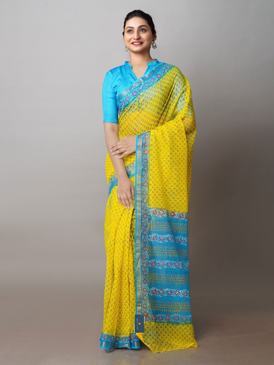 

Unnati Silks Ethnic Motif Block Printed Zari Pure Cotton Kota Saree, Yellow