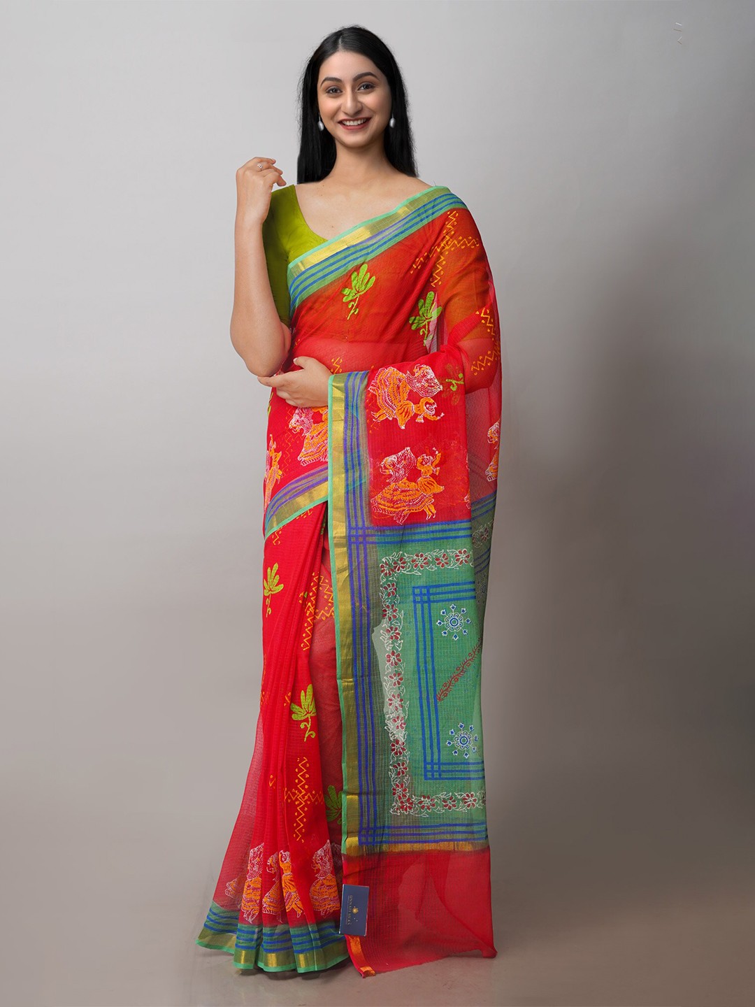 

Unnati Silks Ethnic Mofits Block Printed Zari Pure Cotton Kota Handloom Saree, Red