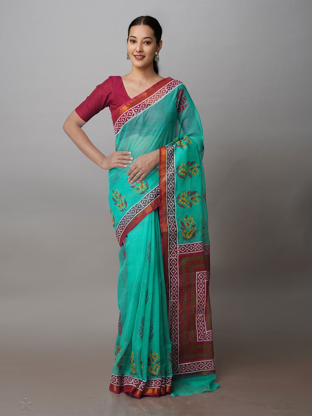 

Unnati Silks Floral Block Printed Zari Pure Cotton Kota Saree, Green
