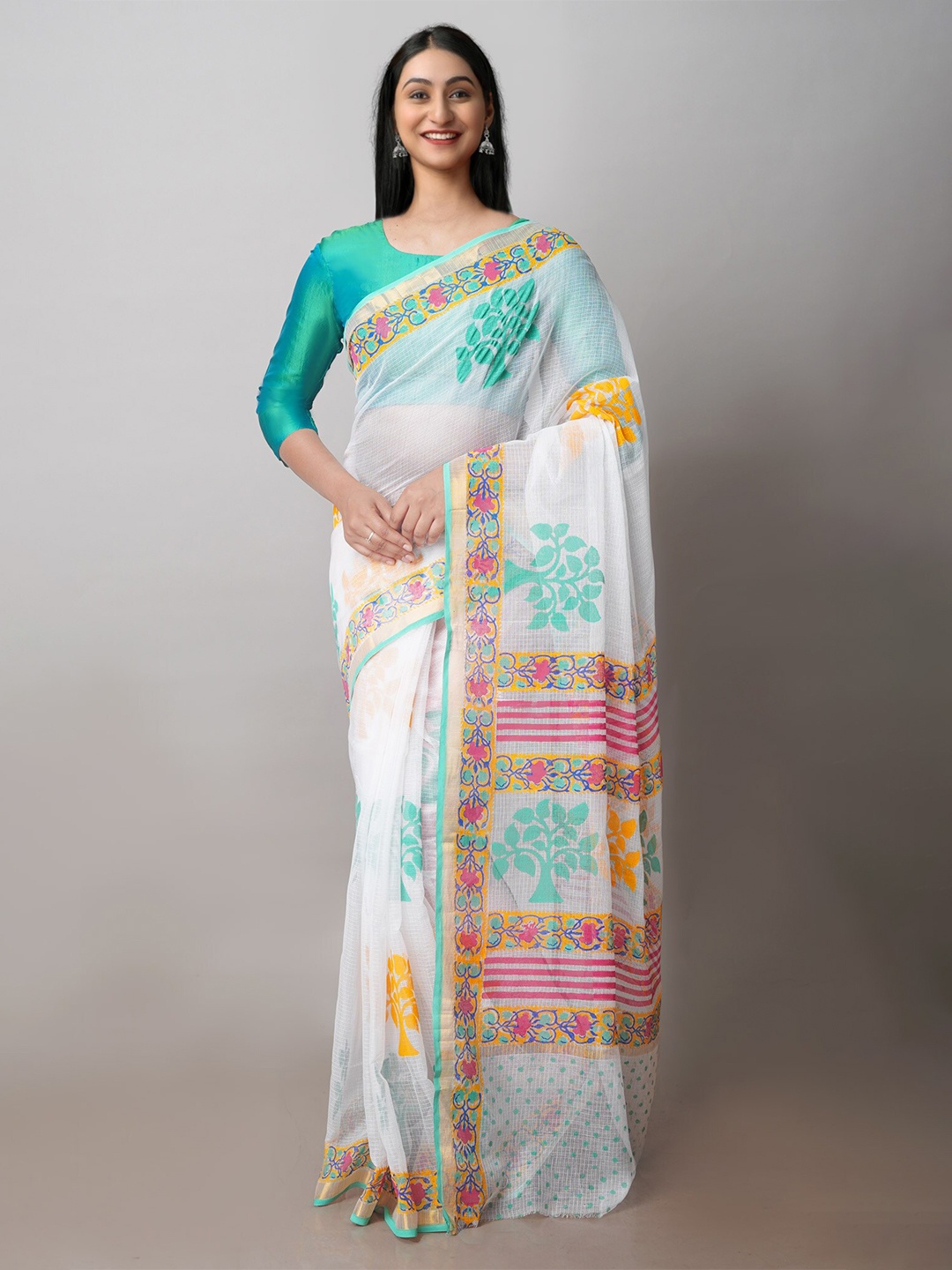 

Unnati Silks Floral Block Printed Zari Pure Cotton Kota Saree, White