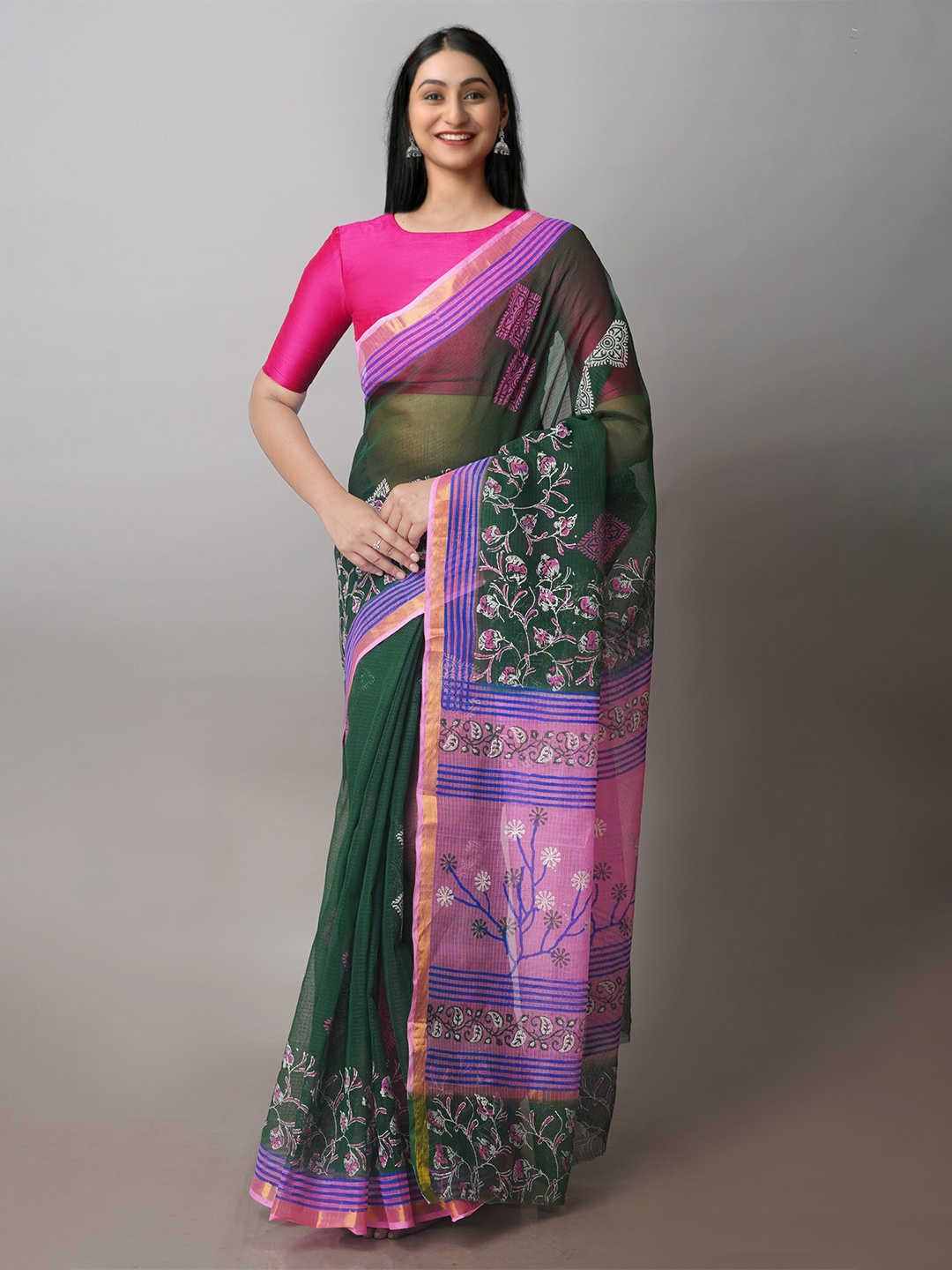 

Unnati Silks Floral Printed Zari Pure Cotton Kota Saree, Green