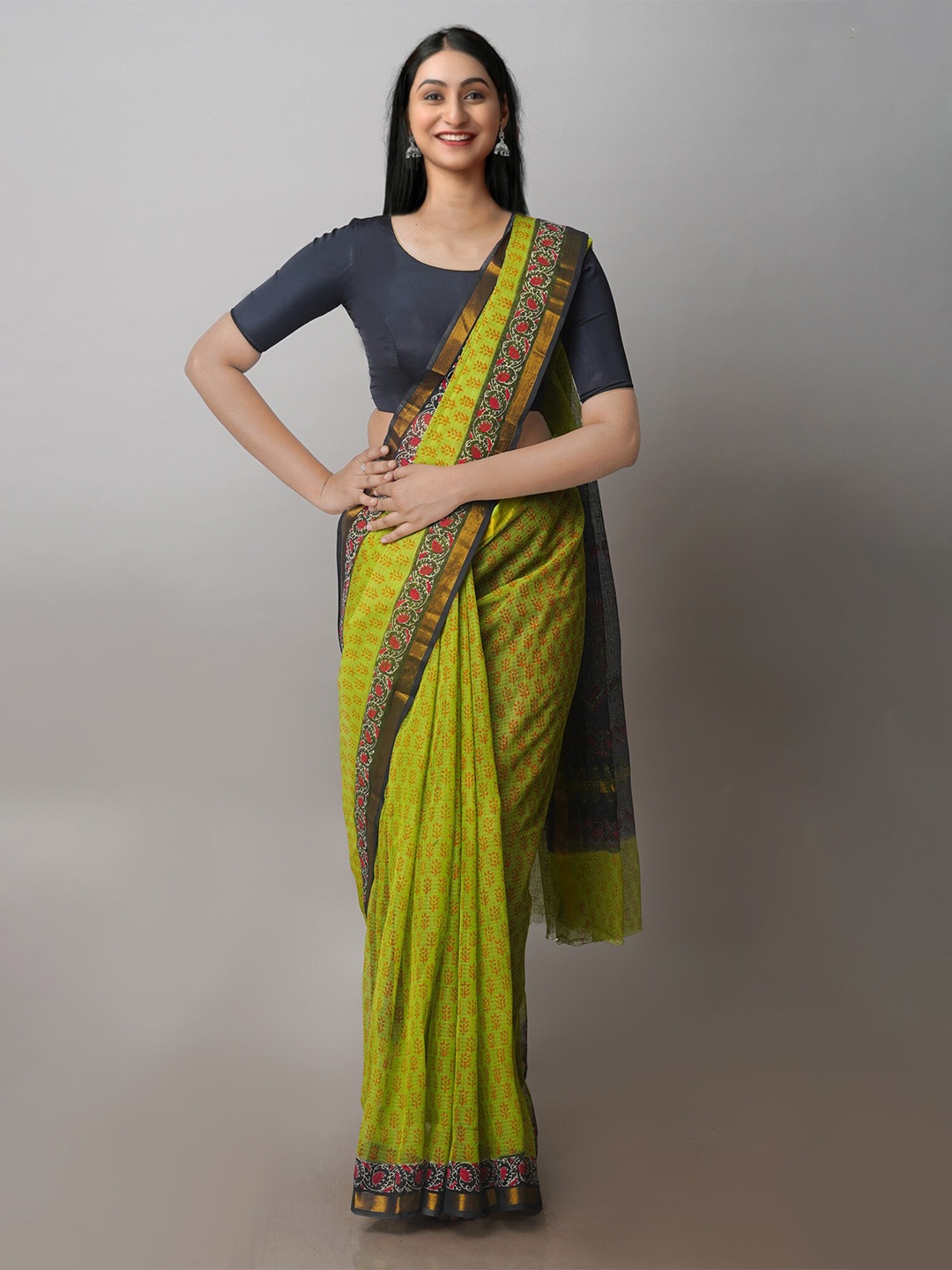 

Unnati Silks Floral Printed Zari Kota Pure Cotton Saree, Green