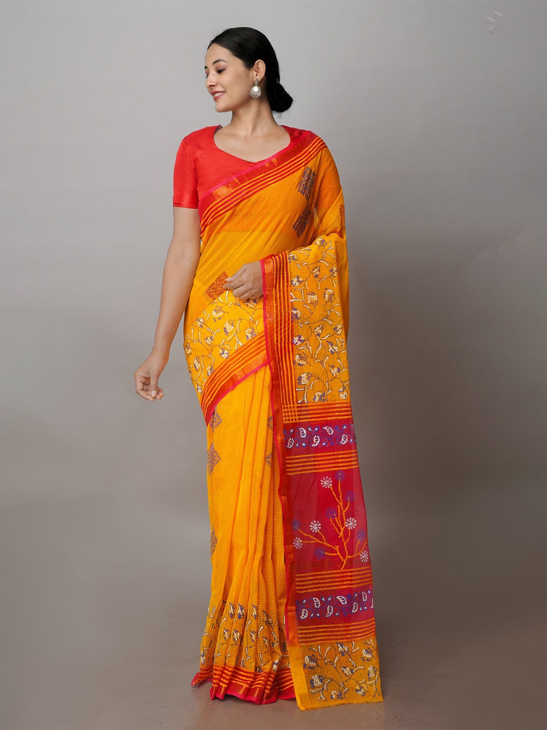 

Unnati Silks Floral Printed Zari Kota Pure Cotton Saree, Yellow