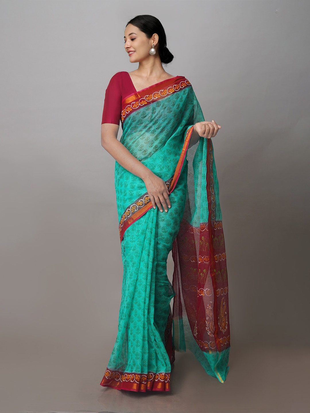 

Unnati Silks Ethnic Motifs Zari Kota Pure Cotton Saree, Green