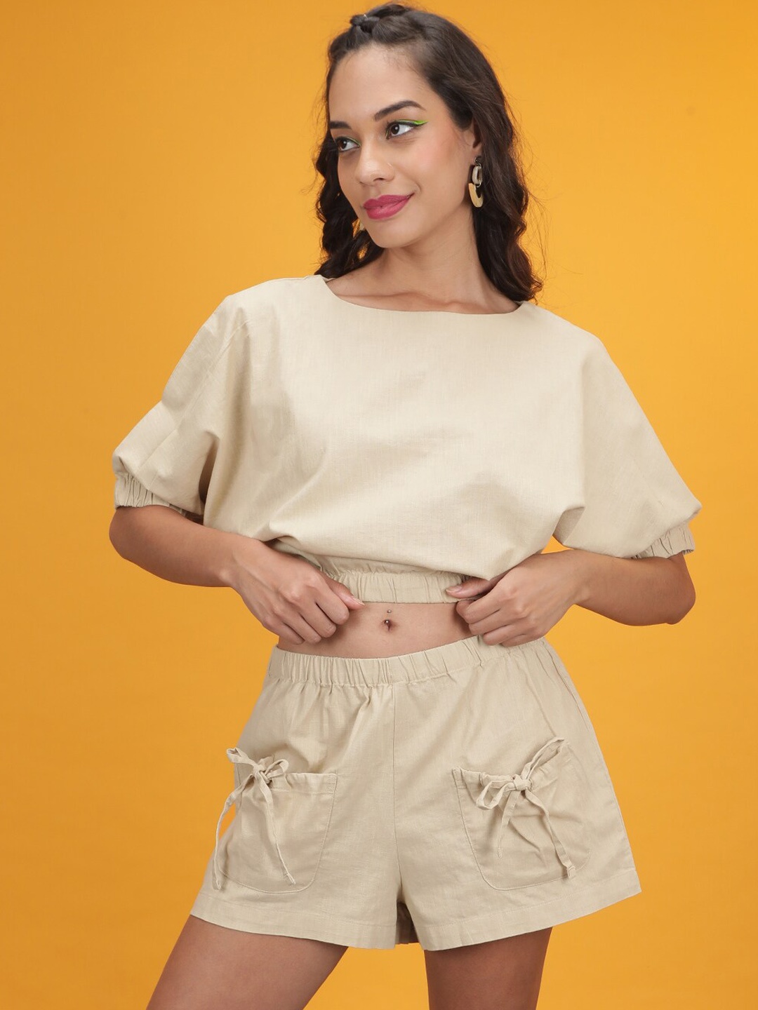 

Freehand by The Indian Garage Co Pure Cotton Boat Neck Crop Top with Shorts Co-Ords, Beige