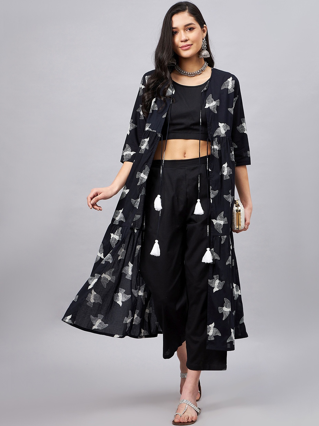 

WineRed Bird Printed Three-Quarter Sleeves Pure Cotton 3 Piece Sets, Black