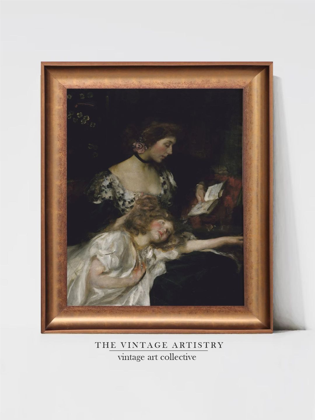 

THE VINTAGE ARTISTRY Beige & Black Victorian Mother & Daughter Painted Wall Art