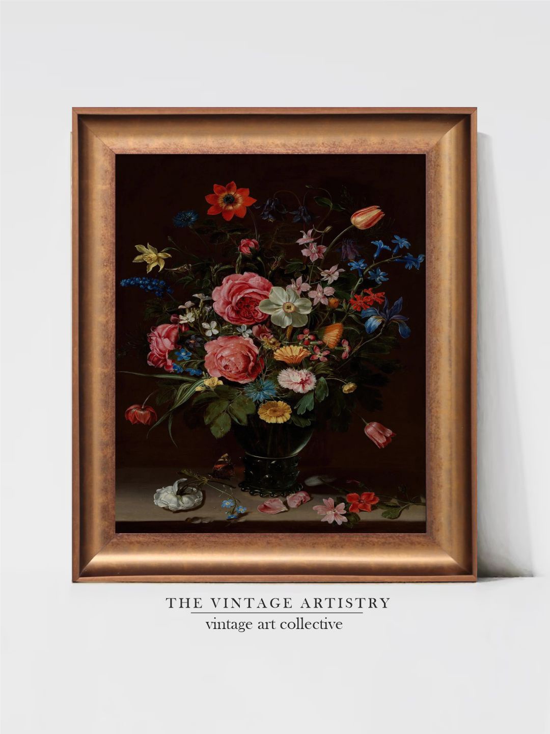 

THE VINTAGE ARTISTRY Pink & Gold-Toned Still Life Bouquet Of Flowers Painted Wall Art