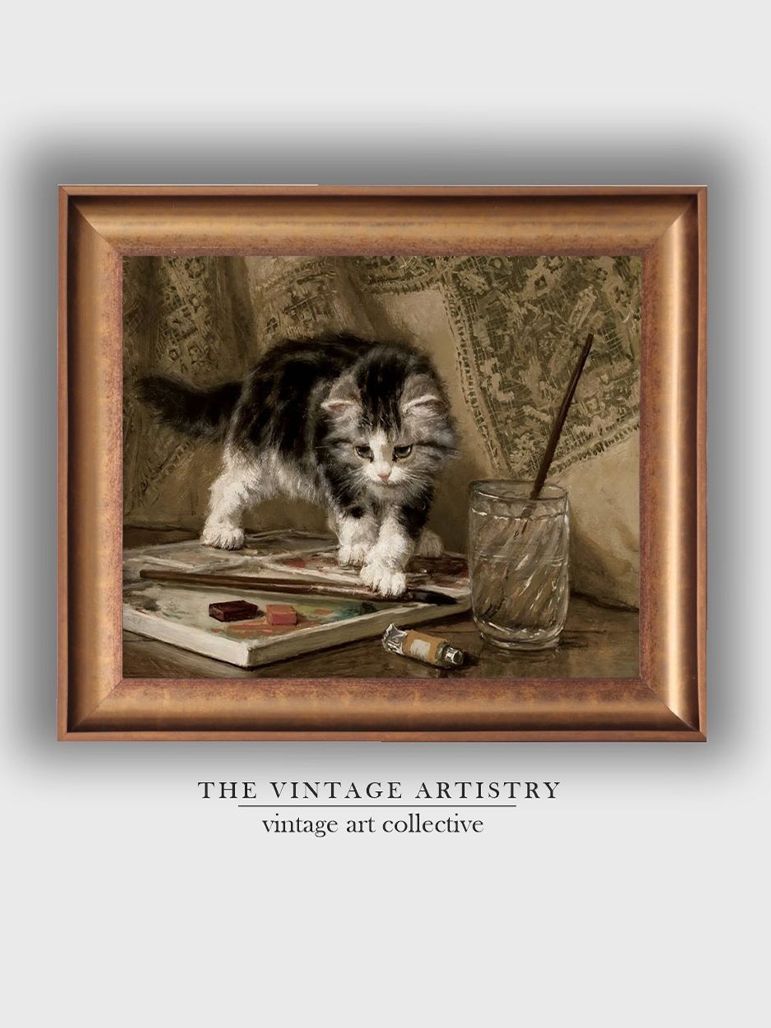 

THE VINTAGE ARTISTRY Brown Small Kitten Playing With Colors Art Painting Wall Art