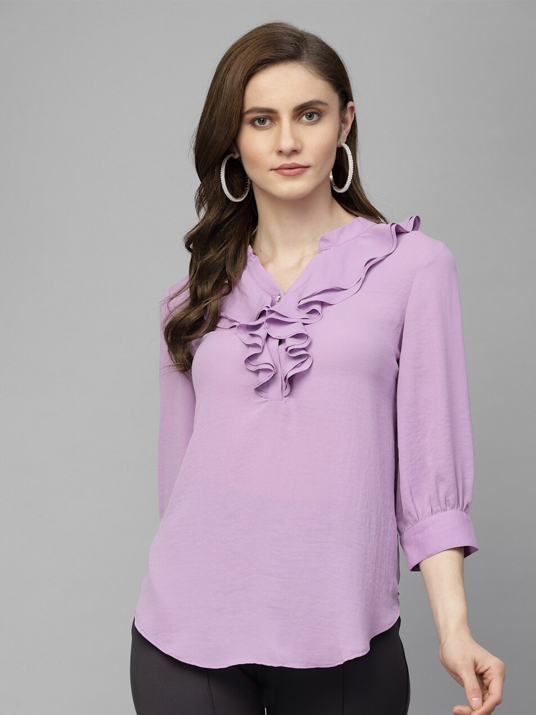 

Gipsy Mandarin Collar cuffed Sleeves Ruffles Chiffon Top, Purple