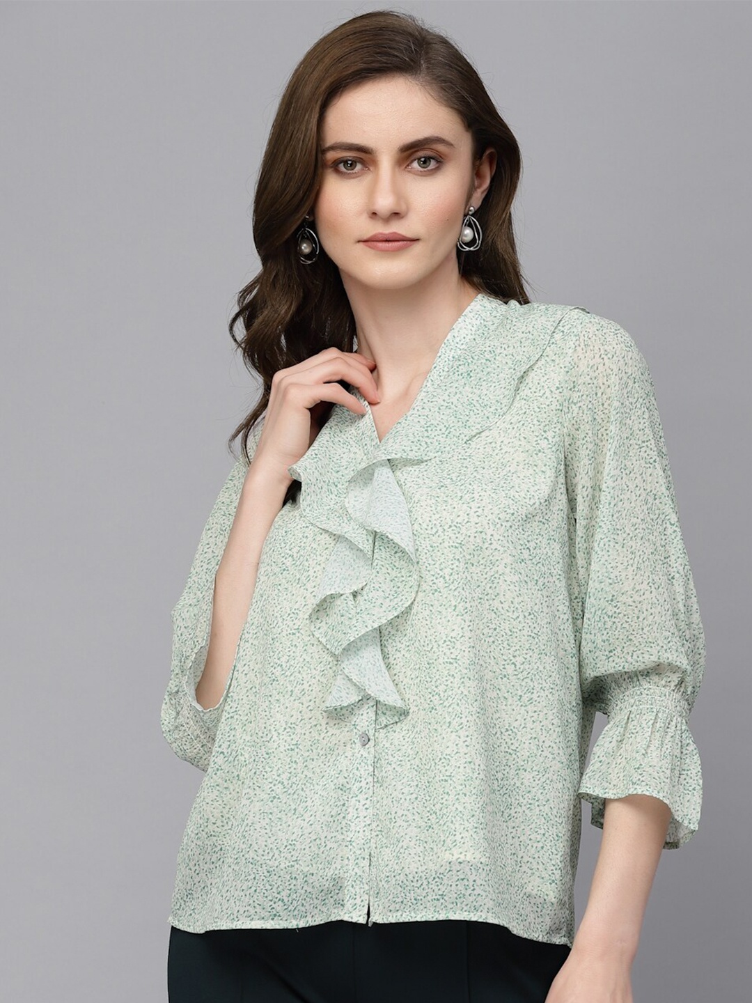 

Gipsy Micro and Ditsy Printed Bell Sleeves Ruffles Shirt Style Top, Green