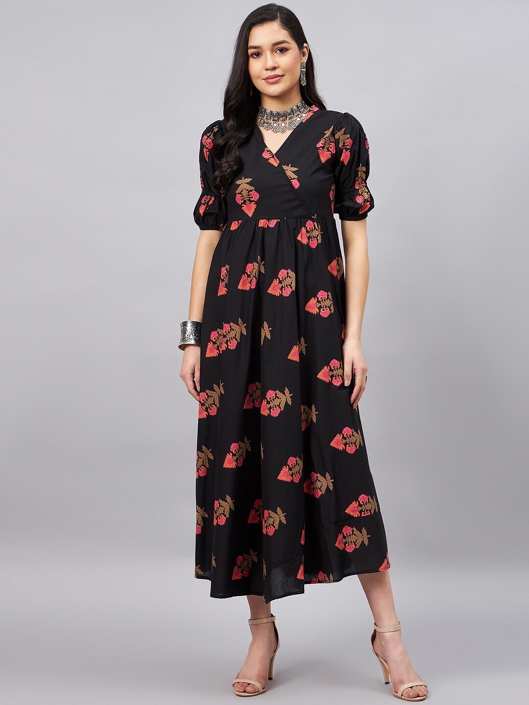 

WineRed Floral Printed Puff Sleeve Cotton A-Line Dress, Black