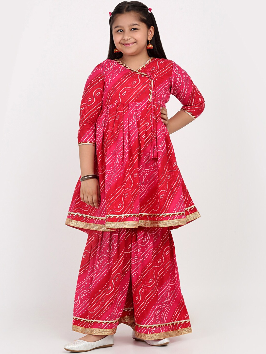 

Aujjessa Girls Bandhani Printed Angrakha Gotta Patti Pure Cotton Kurta With Sharara, Fuchsia