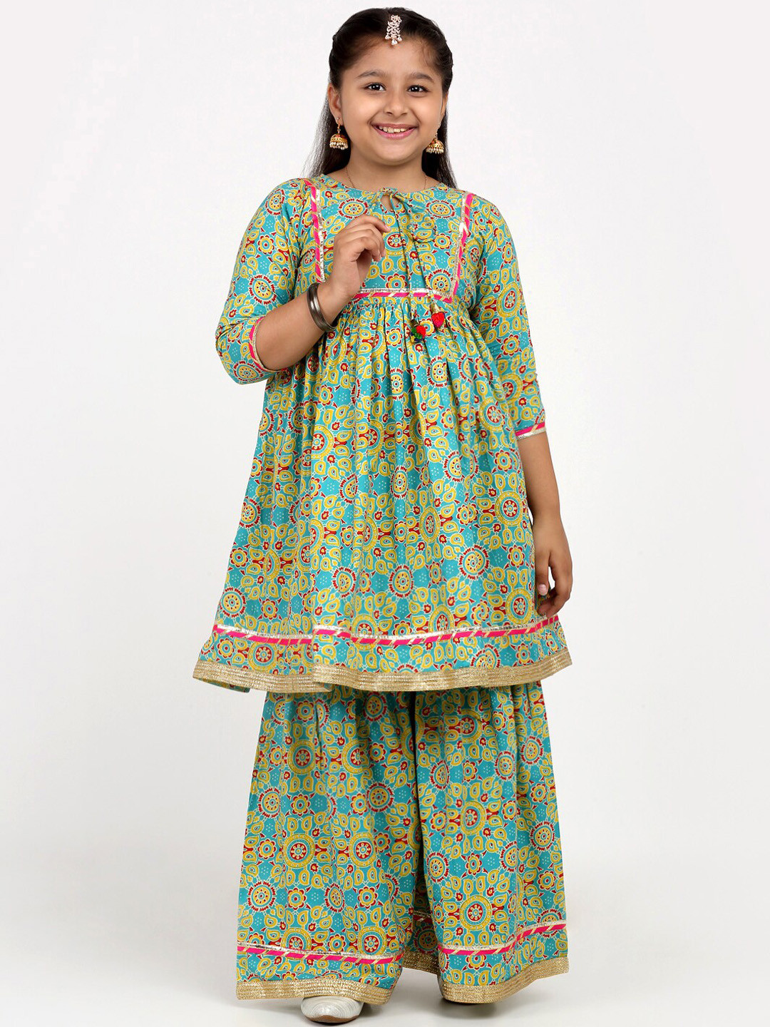 

Aujjessa Girls Ethnic Motifs Printed Gotta Patti Pure Cotton Kurta With Sharara, Turquoise blue