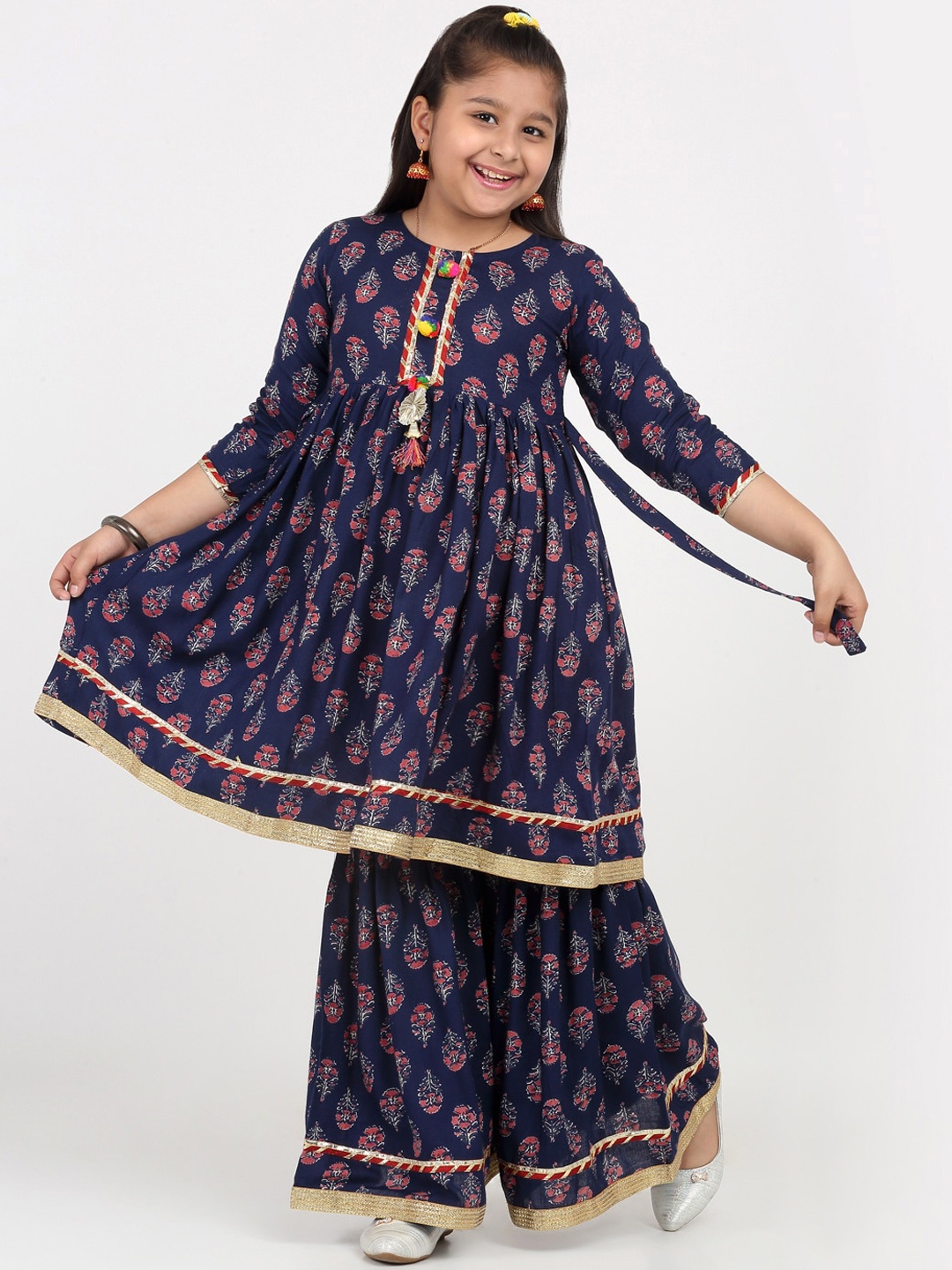 

Aujjessa Girls Ethnic Motif Printed Anarkali Kurta With Sharara, Navy blue