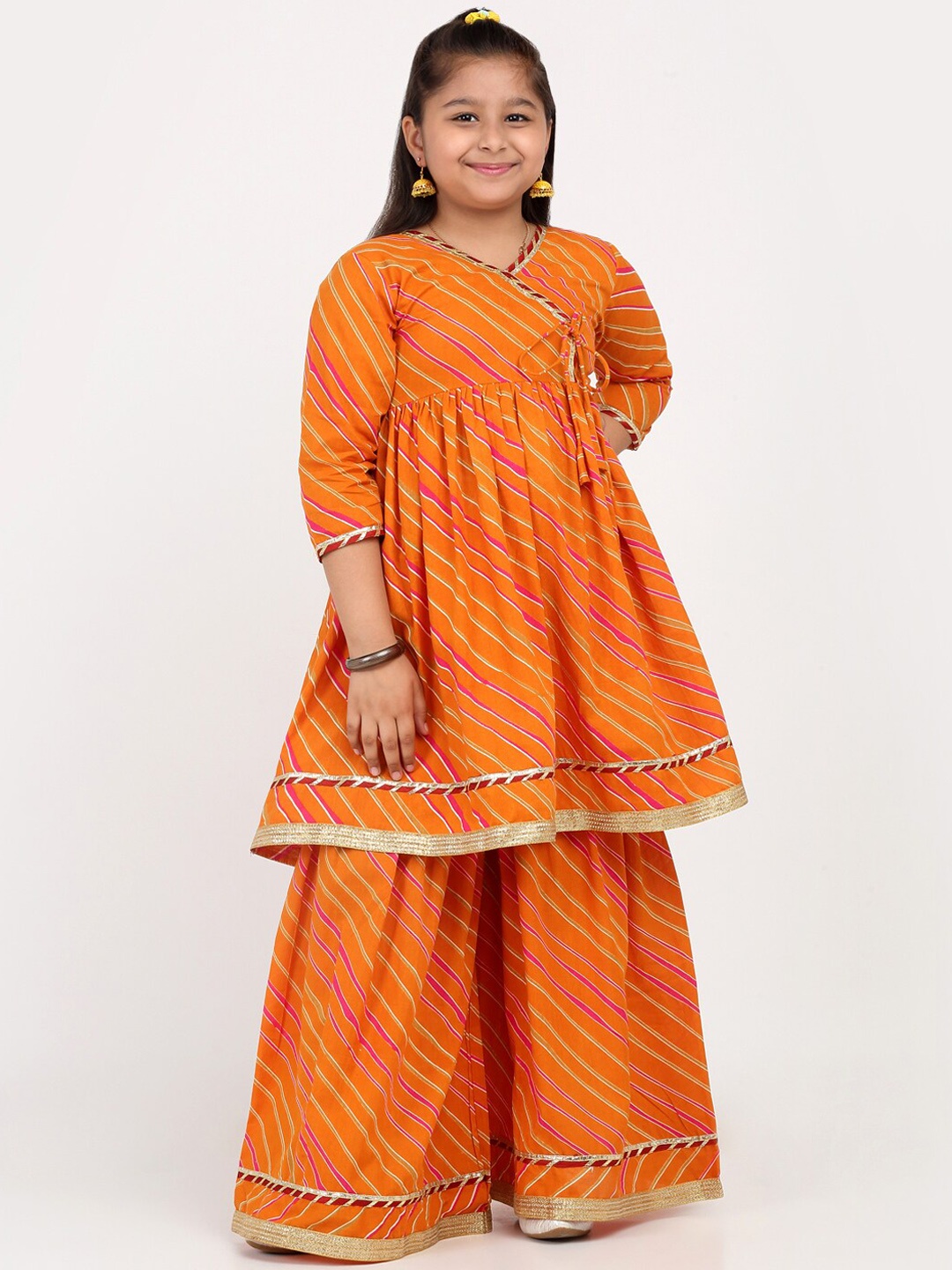 

Aujjessa Girls Leheriya Printed Angrakha Gotta Patti Pure Cotton Kurta with Sharara, Orange