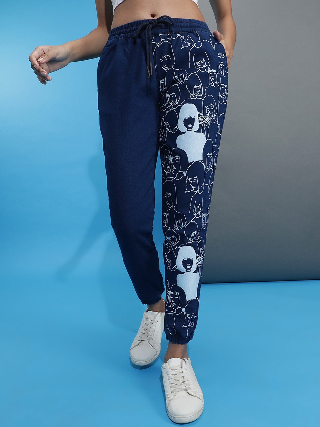 

Freehand by The Indian Garage Co Women Printed Light Fade Cotton Joggers, Navy blue
