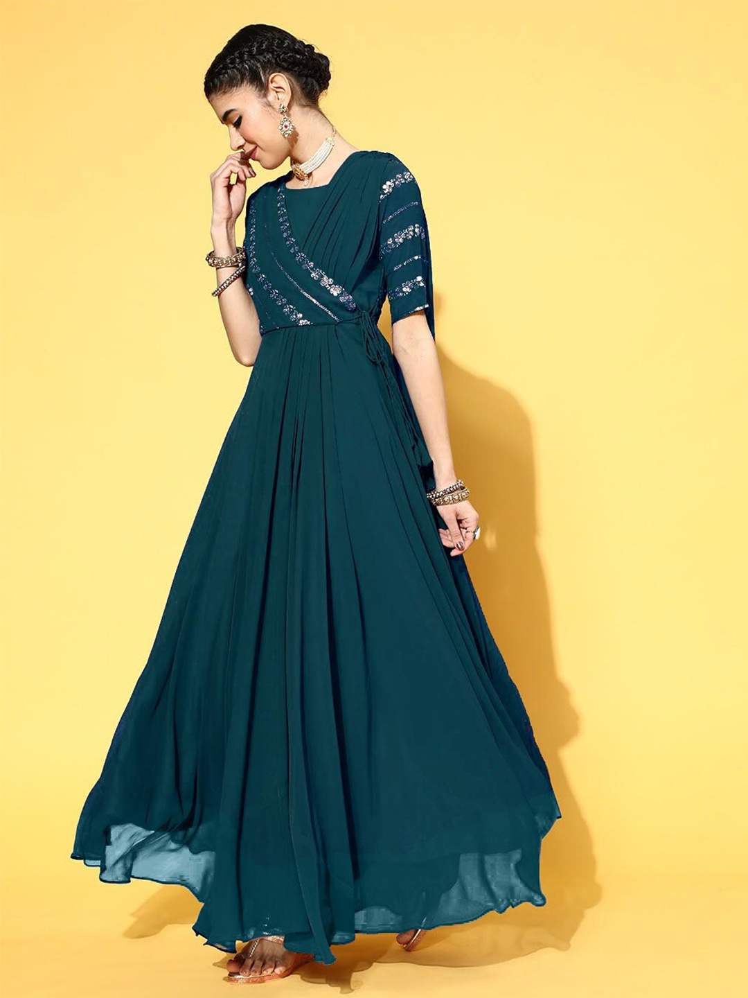 

Shree Ramkrishna Fab Square Neck Sequined Georgette Maxi Ethnic Dress, Teal