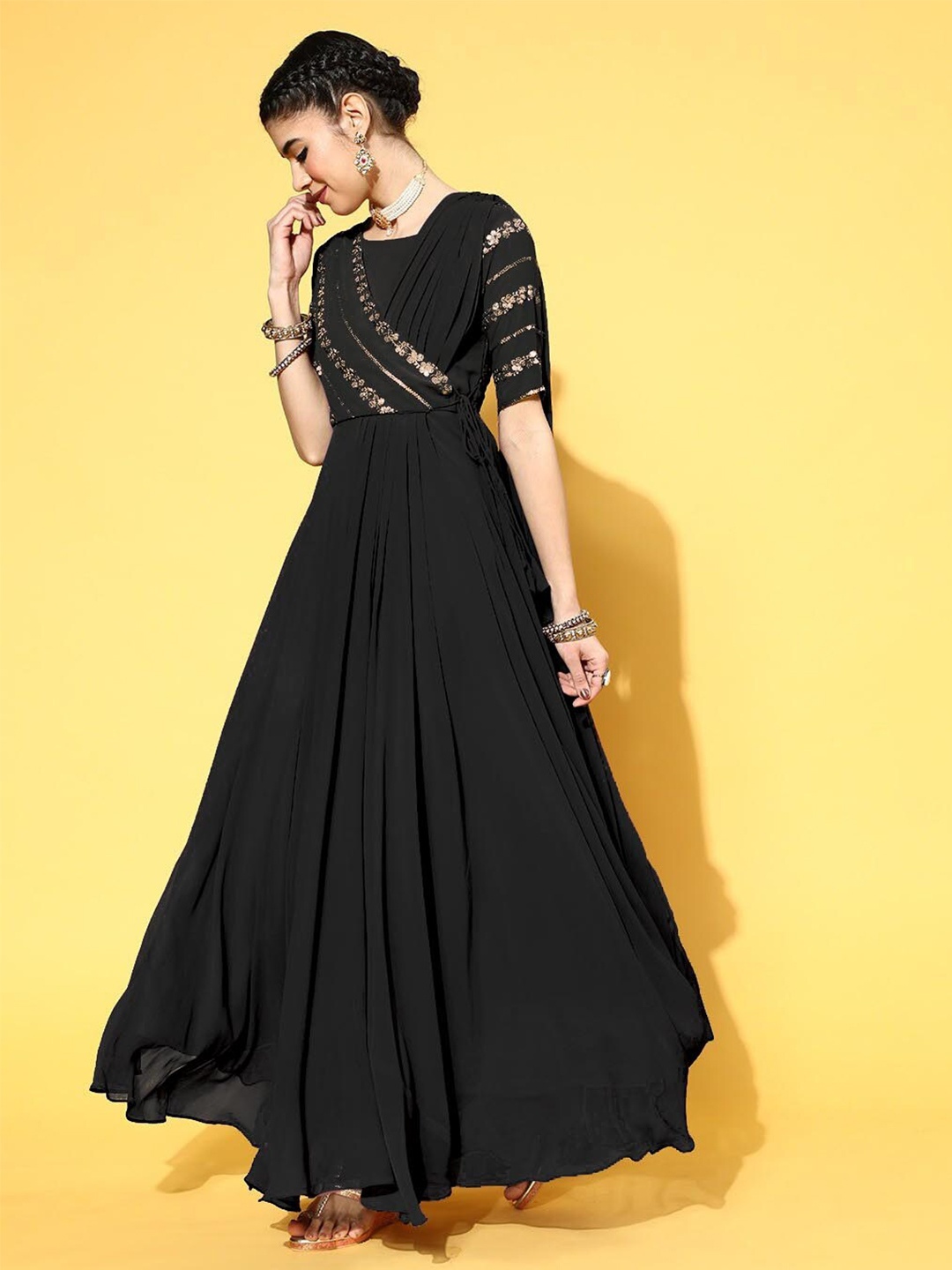 

Shree Ramkrishna Fab Square Neck Sequined Georgette Maxi Ethnic Dress, Black