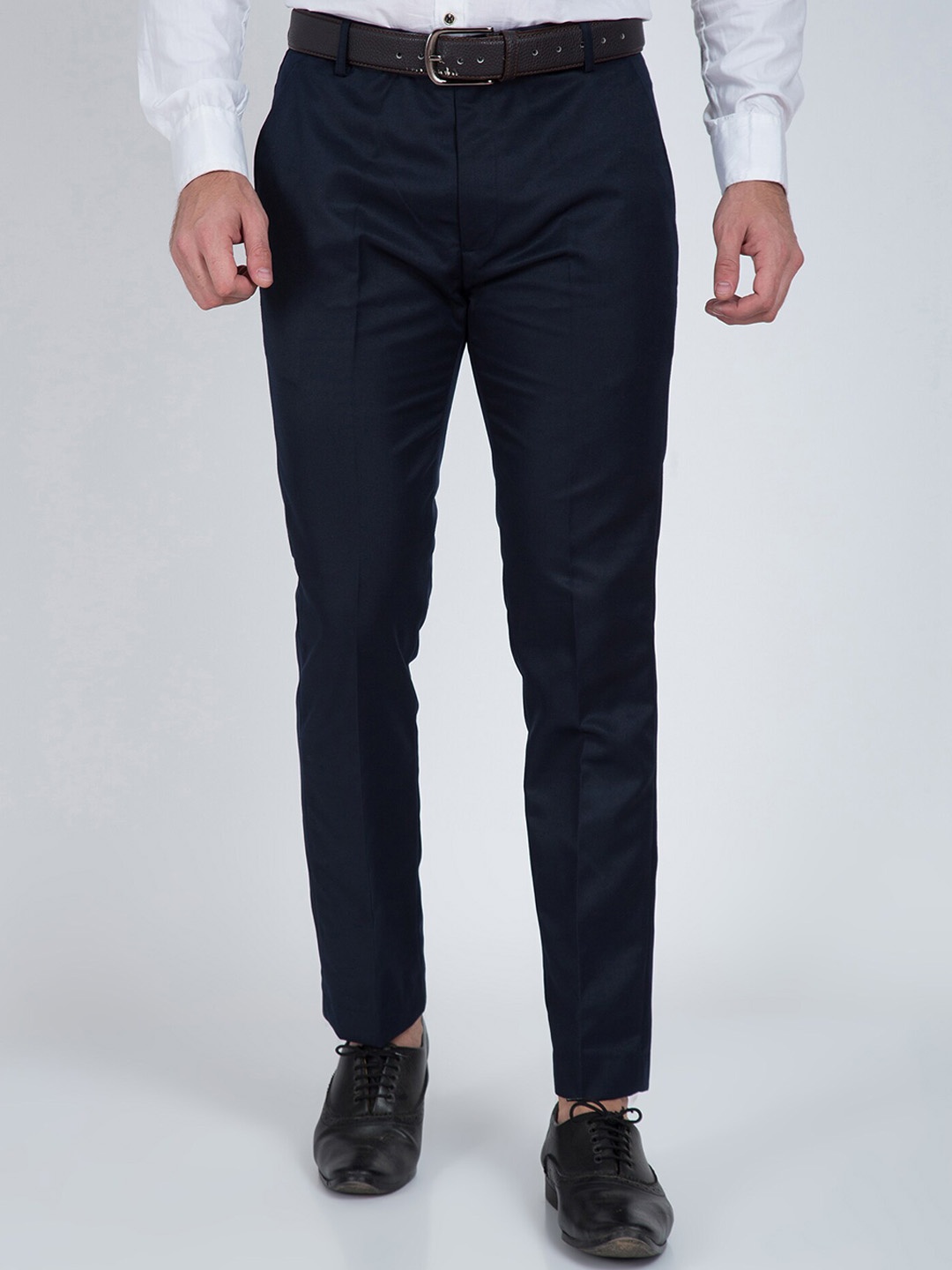 

Cyphus Men Flat-Front Mid-Rise Smart Slim Fit Formal Trousers, Navy blue