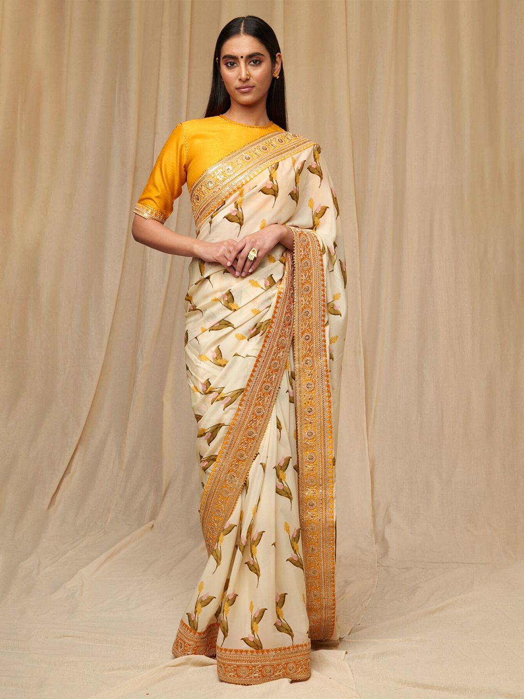 

Masaba Floral Printed Embroidered Saree, White
